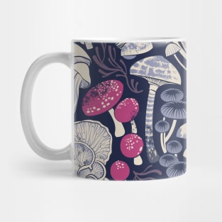 Mystical fungi // midnight blue background ivory pale blue and dark pink wild mushrooms Mug